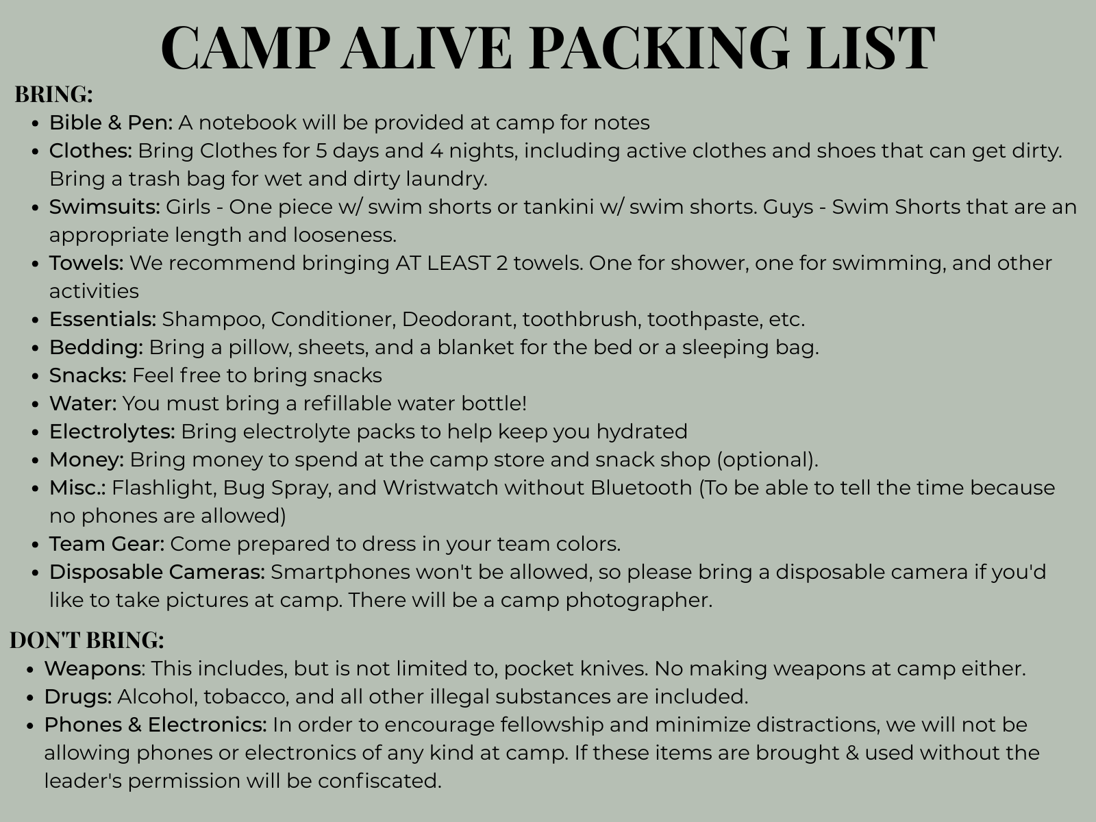 Camp Packing list