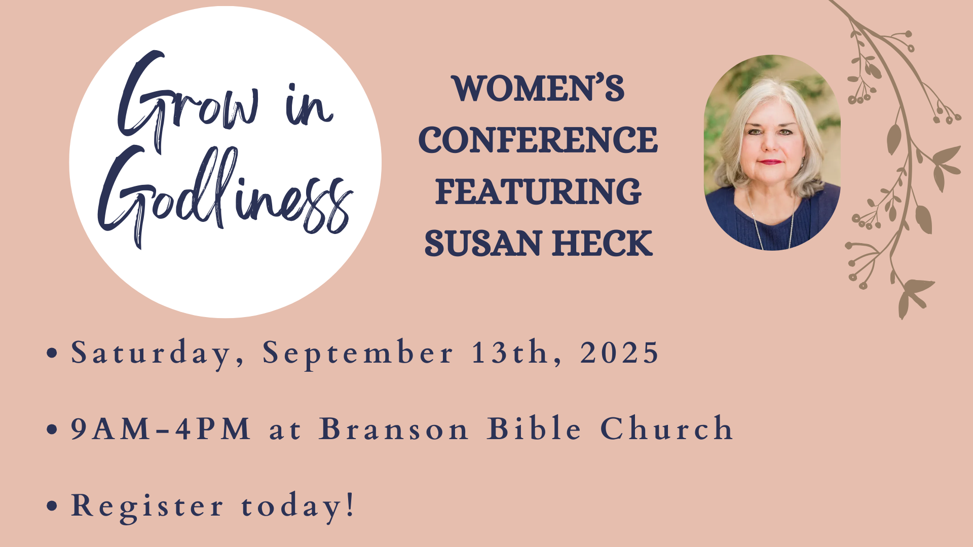 BBC WOMEN’S CONFERENCE FEATURING SUSAN HECK RE-SCHEDULED FOR SATURDAY, SEPTEMBER 13TH image