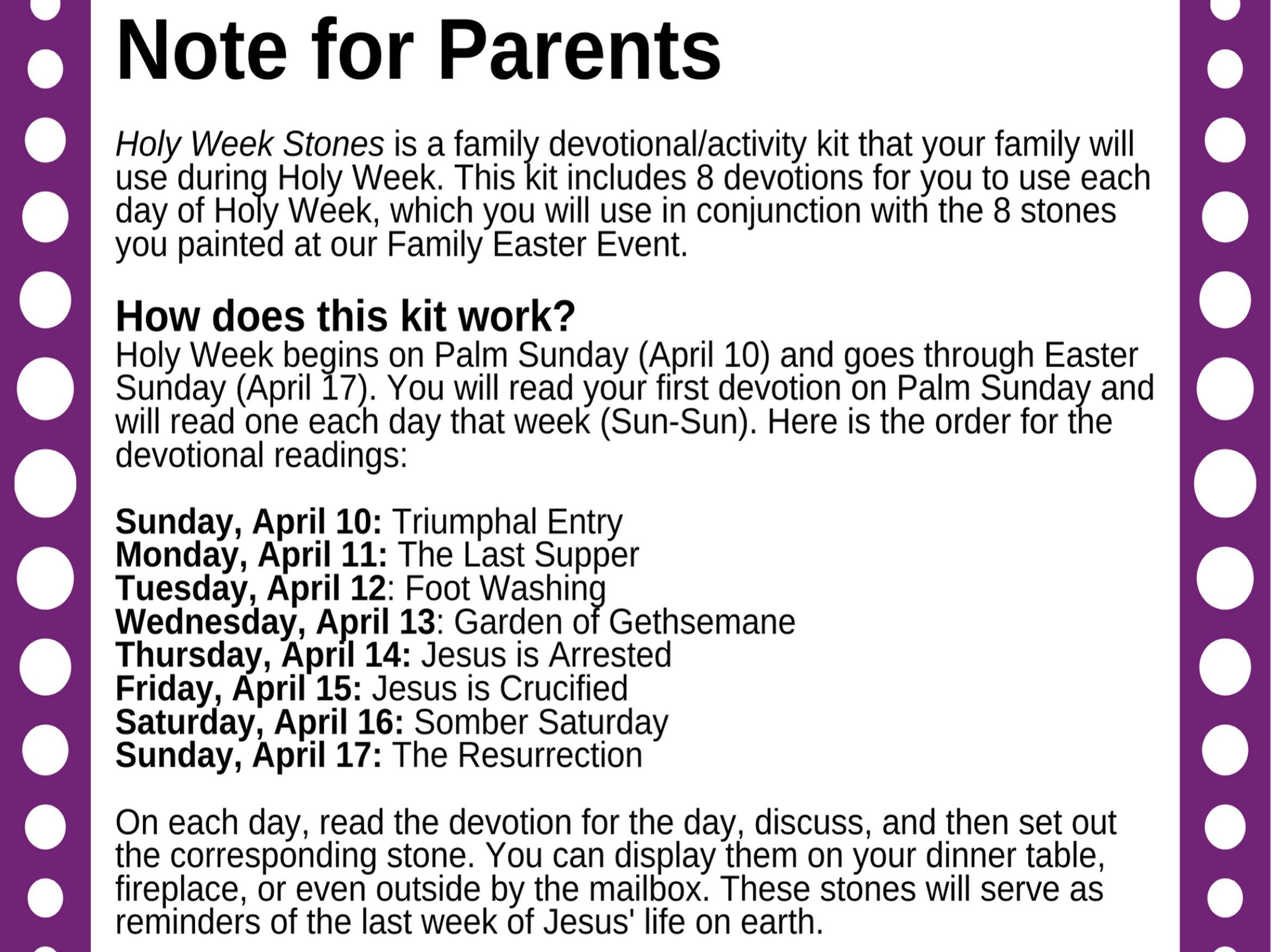 holy week stones note for parents