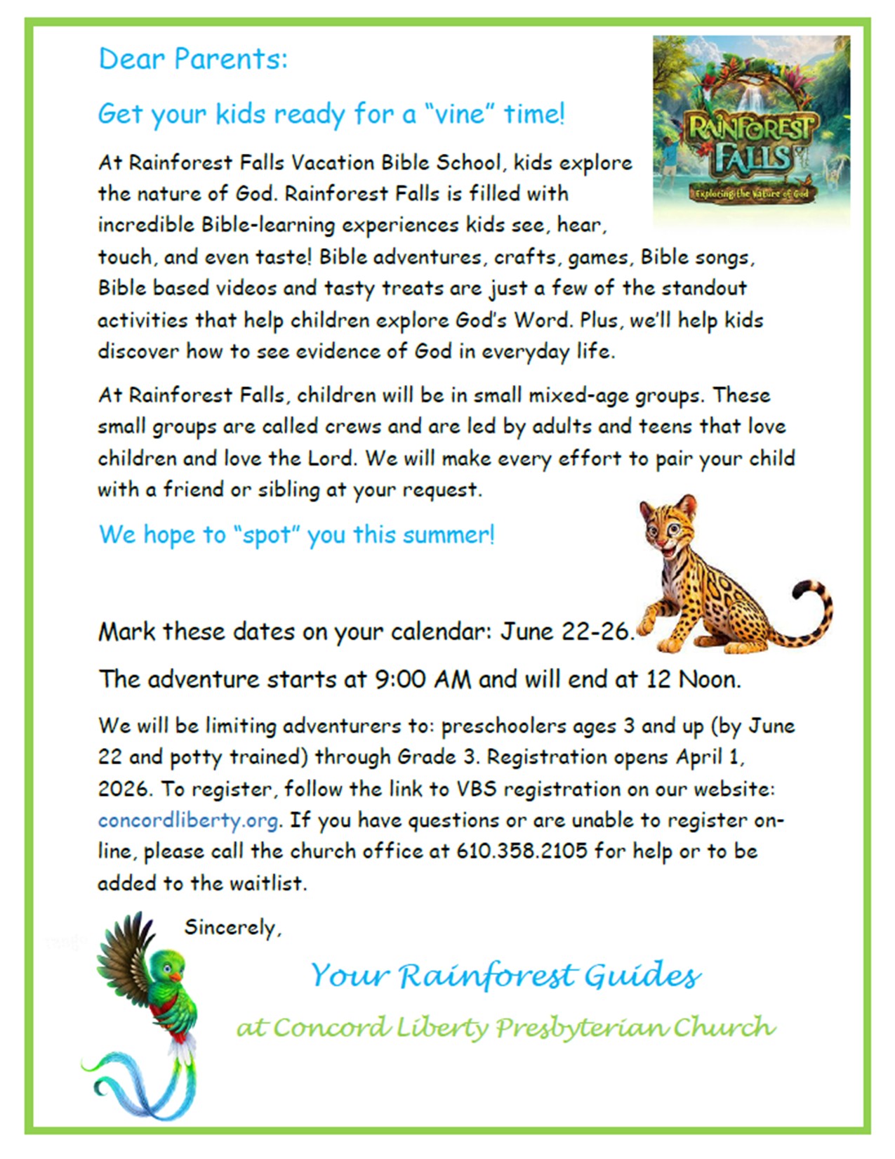 Parents Flyer Rainforest Falls VBS 2026