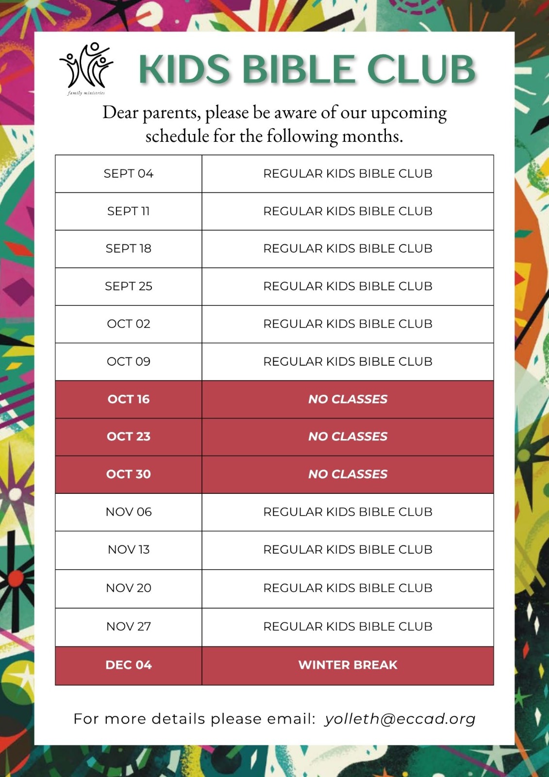 Family Ministry Schedule - 2026 Fall 1