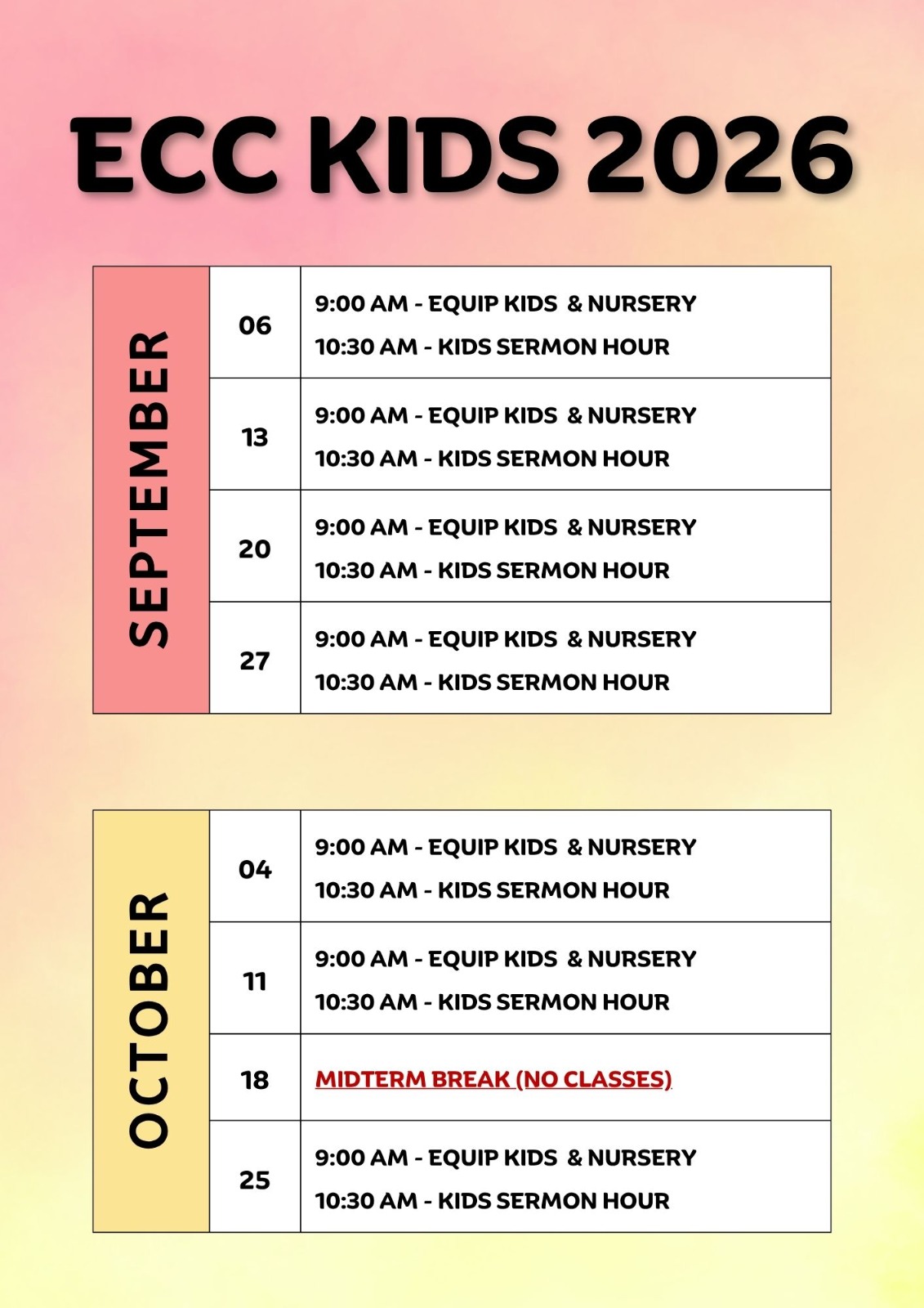 Family Ministry Schedule - 2026 Fall 2