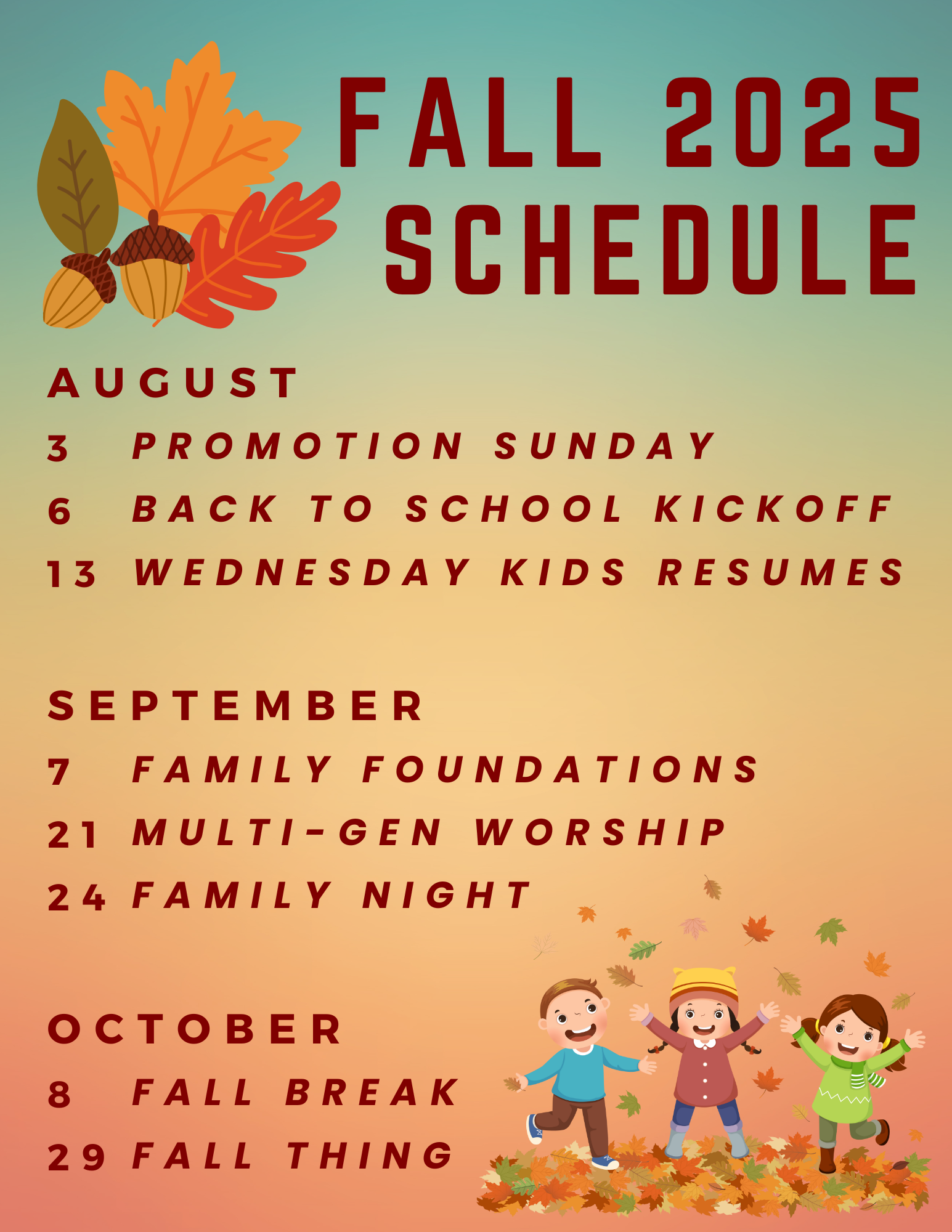 Kids 2025 fall schedule
