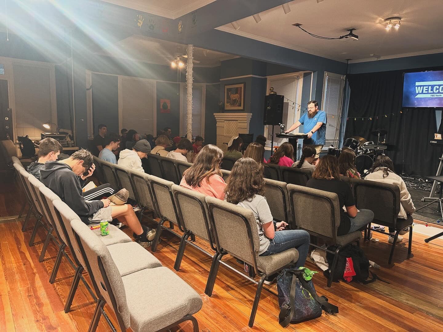 Students gathered for youth group Bible study and teaching at FBC Waynesboro