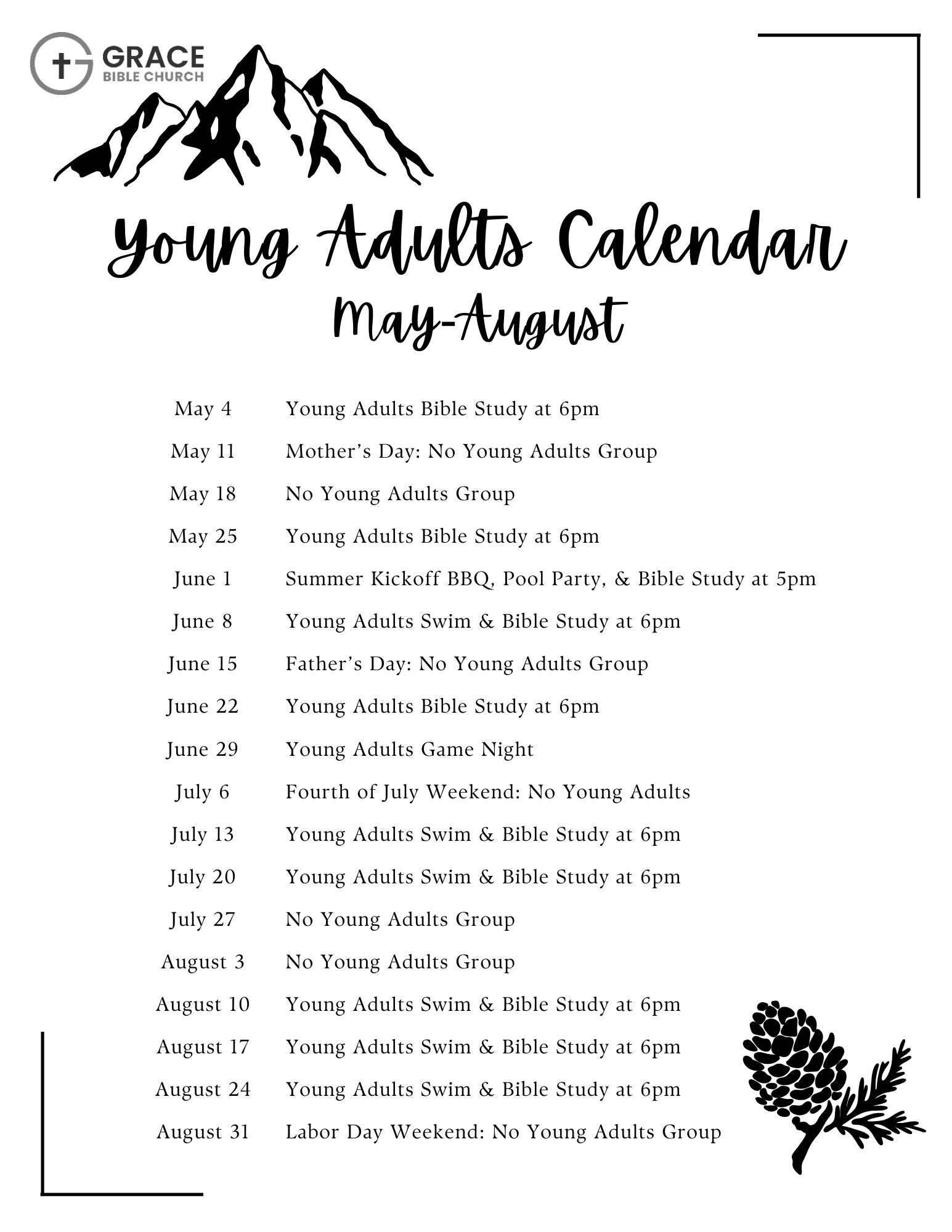 Young Adults May-August Calendar