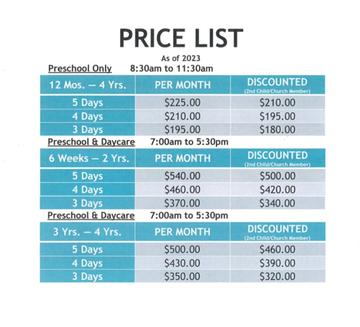 Preschool Price List 2024