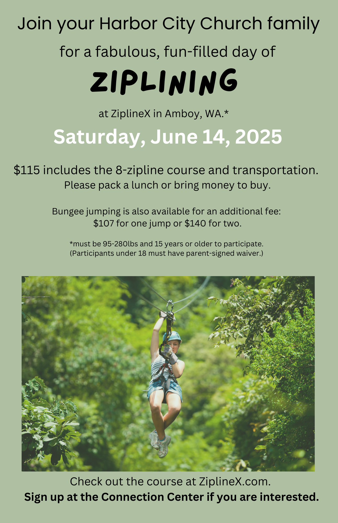 Join your Harbor City Church family for a fabulous, fun-filled day of ziplining at ZiplineX in Amboy