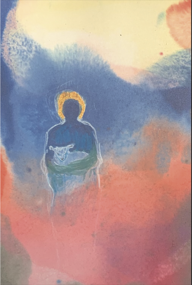 A silhouetted figure with a golden halo surrounding their head carrying a lamb against a colorful background.