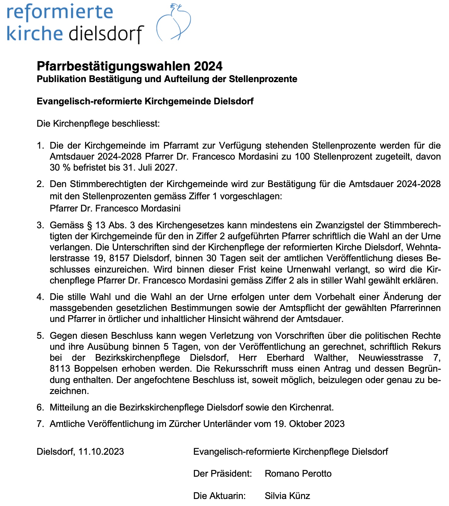 20231011_Beschluss Kirchenpflege_Pfarrbestätigungswahl_2024_PERO_künz