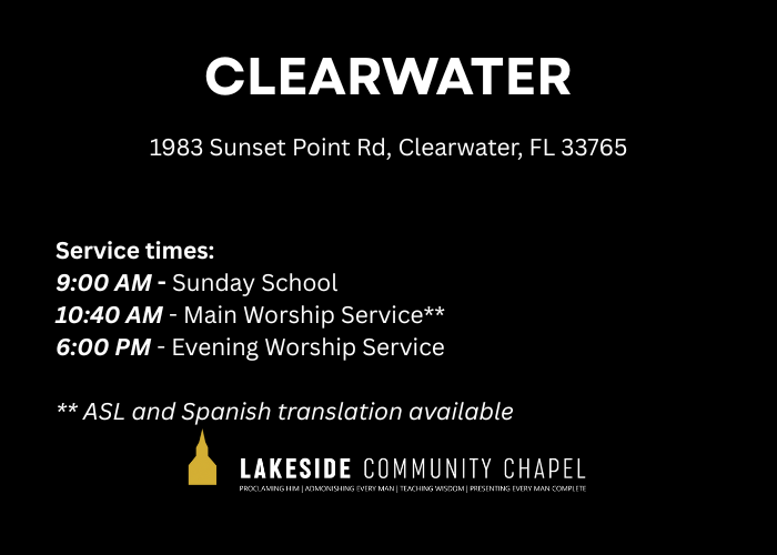 clearwater 1983 Sunset Point Rd, Clearwater, FL 33765 Service times 900 AM - Sunday School 1040 AM -