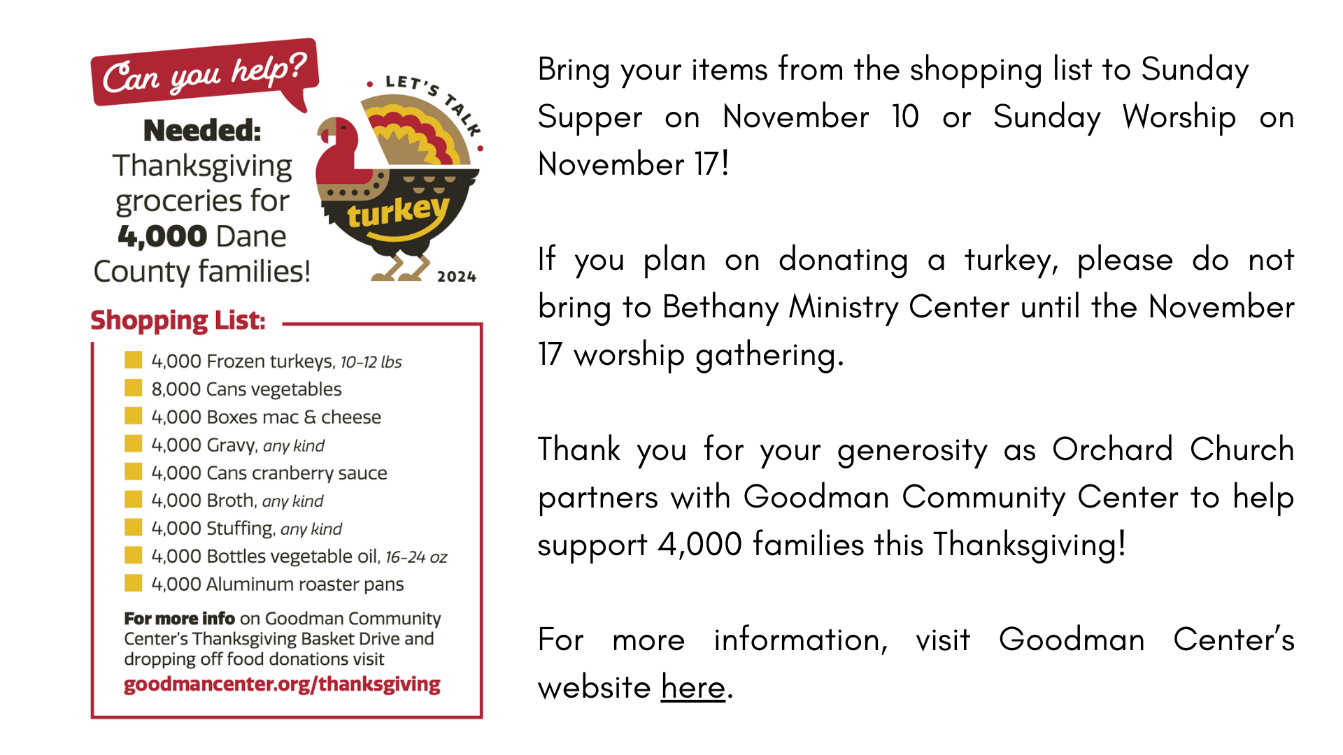 Bring your items from the shopping list to Sunday Supper on November 10 or Sunday Worship on Novembe