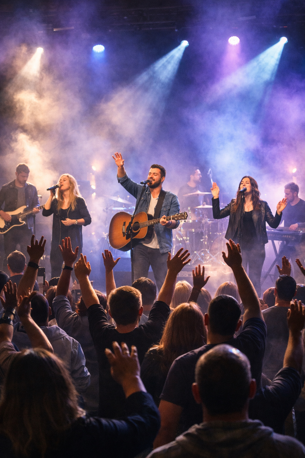 Worship concert bathed in vibrant lights