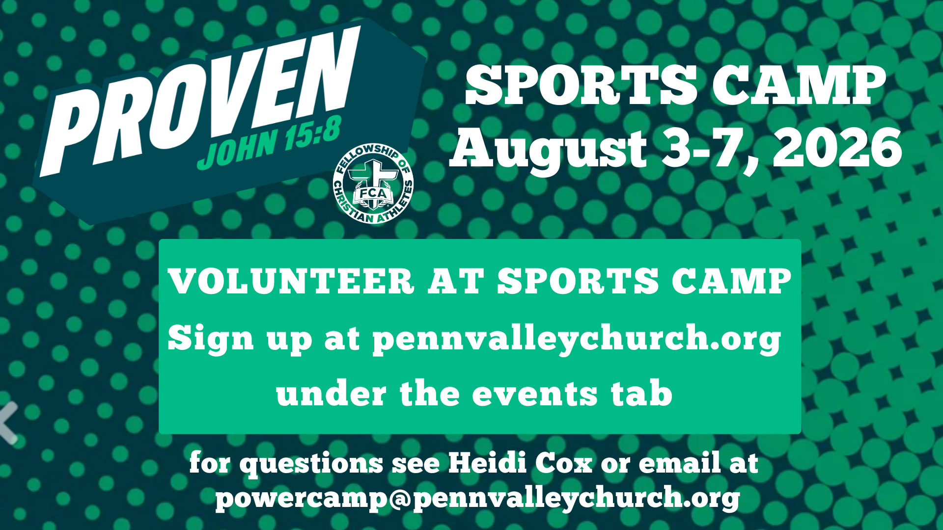 sports camp 2026 announcement slide and volunteer page