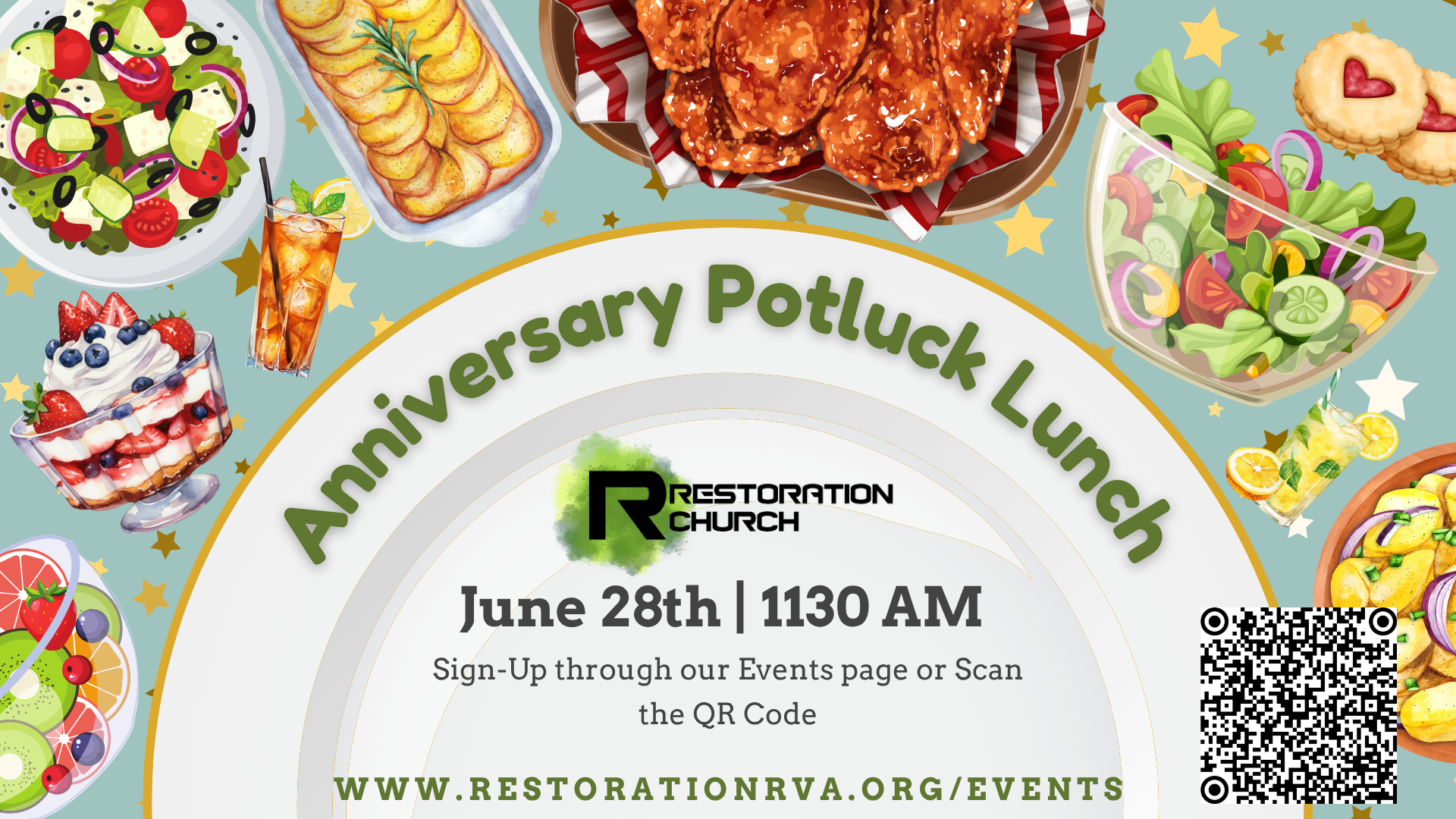 5th year Anniversary Potluck Lunch 06.28.2026 - slide with QR