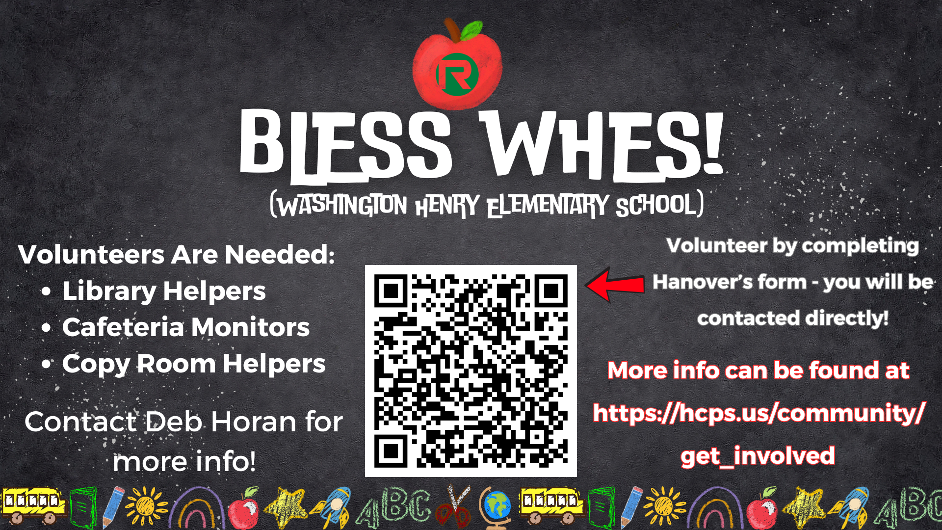 Volunteers Needed at WHES 09.2025 - Slide with QR code