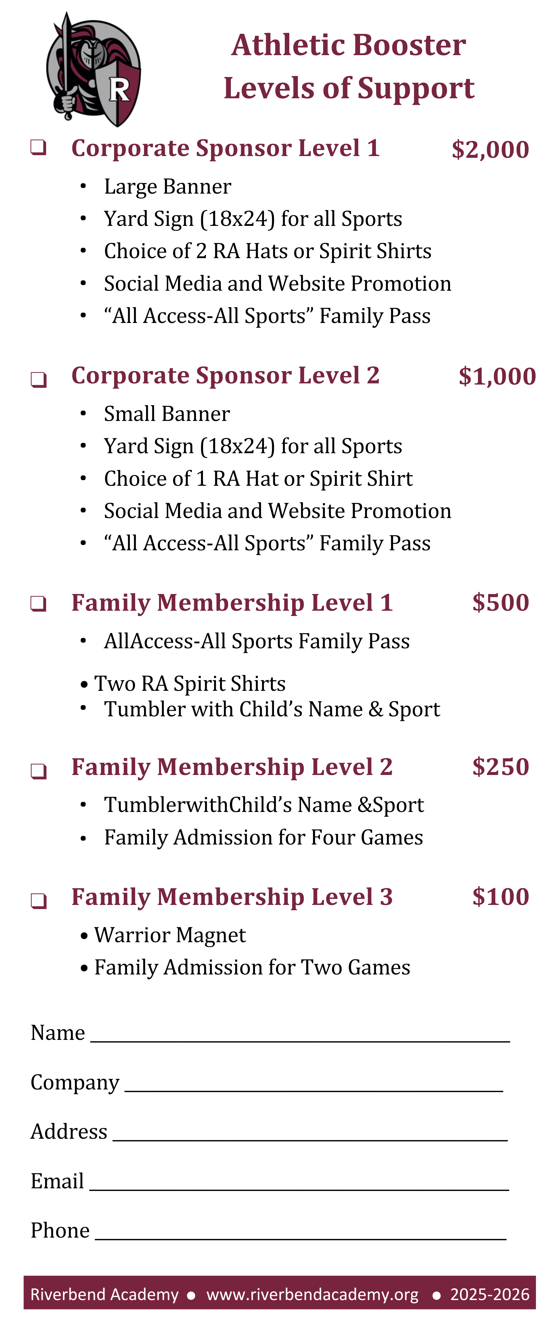 ATHLETIC BOOSTER LEVELS OF SUPPORT 2025-2026