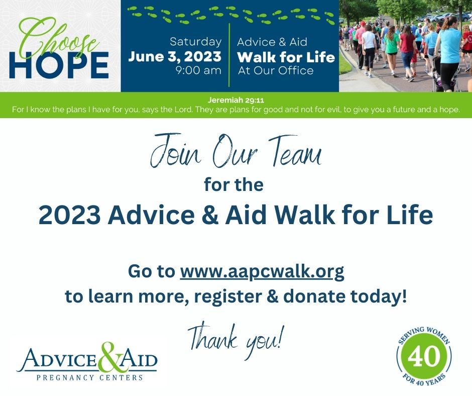 Join Our Team for the Advice & Aid Walk for Life Church FB Graphic image