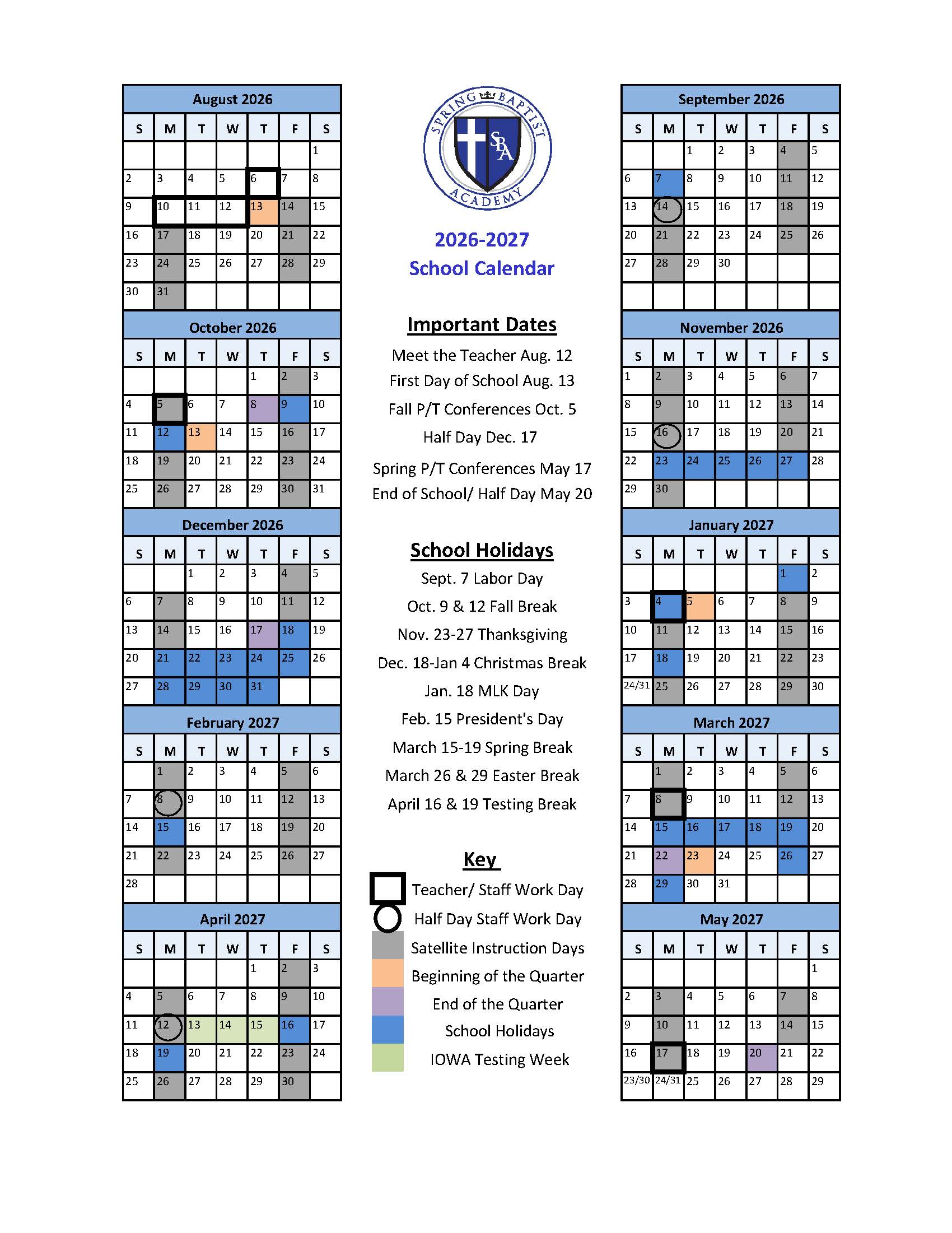 SBA 2026-2027 Calendar