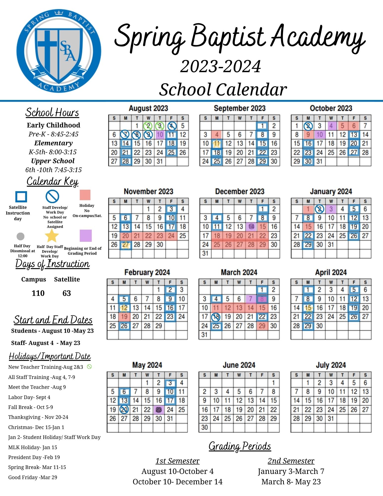 Spring Baptist Academy Calendar options