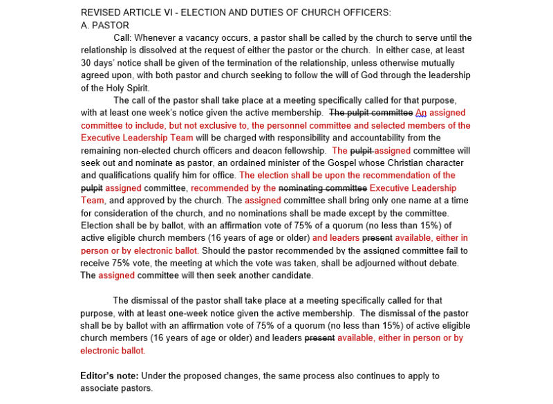 revised Article 6 election and duties of pastors