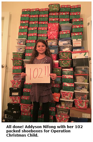 Addyson Nifong with the 102 shoeboxes she assembled for Operation Christmas Child