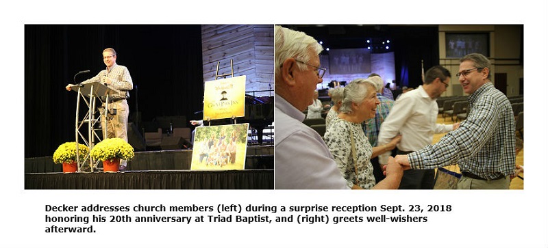 Lead Pastor Rob Decker speaks and greets well wishers at a surprise reception on Sept. 23, 2018, honoring his 20 years at Triad Baptist