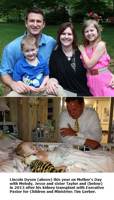 Lincoln Dyson with his family today and after his kidney transplant in 2013 with Executive Pastor for Children and Ministries Tim Gerber