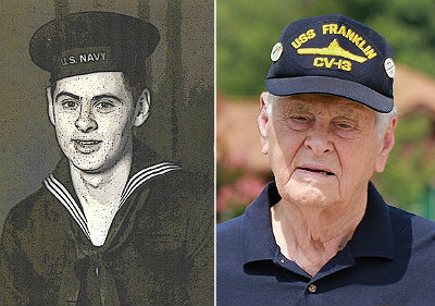 John Furrow as a sailor on the USS Franklin in 1945 and today in 2018