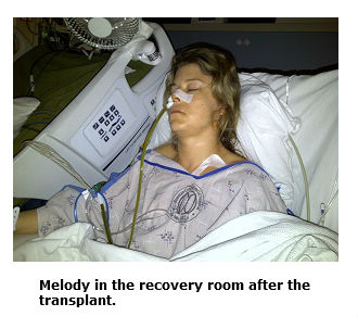 Photo of Melody Chandler in the recovery room after a kidney and pancreas transplant