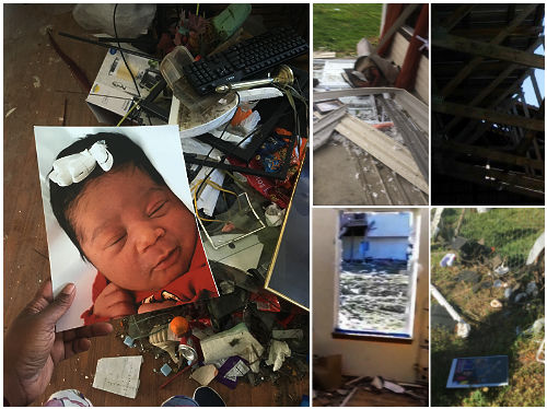 Tornado damage and Omeshia Bowens holding a photo found in the debris