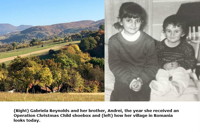 Split image showing Gabriela Reynolds’ village in Romania today at left at right a photo of her with her brother Andrei the year she received an Operation Christmas Child shoebox