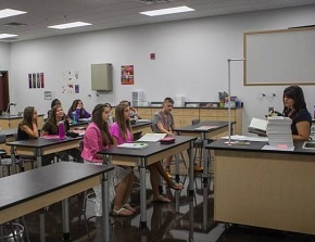 Biology teacher Jennifer Locklear and students in new science lab