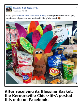 Facebook post by the Kernersville Chick-fil-A thanking Triad Baptist Christian Academy for its Basket Blessing from the school