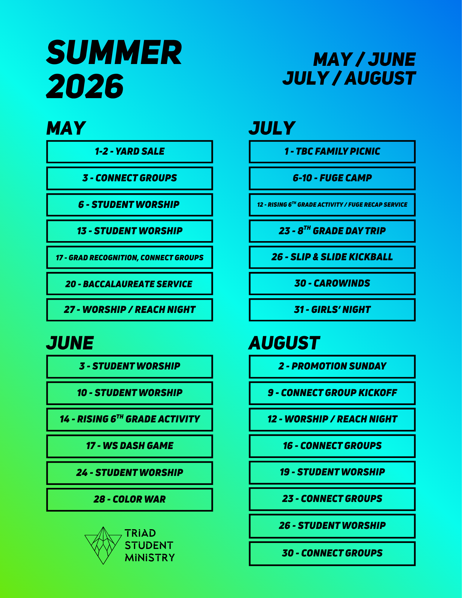 TSM Summer 2026 Calendar
