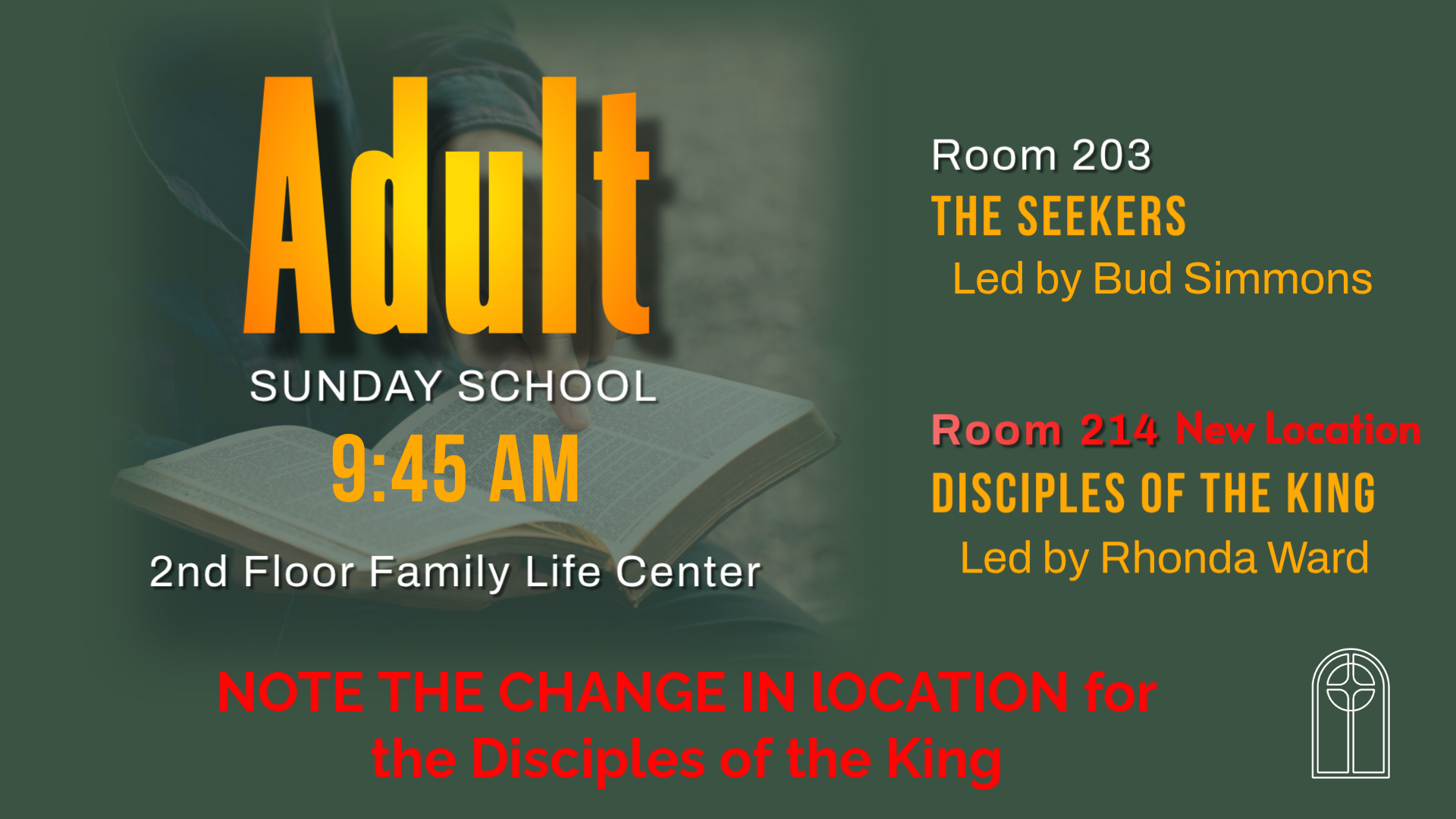 Adult Sunday School change Disciples Location May 2026 Website Enews Scrolling