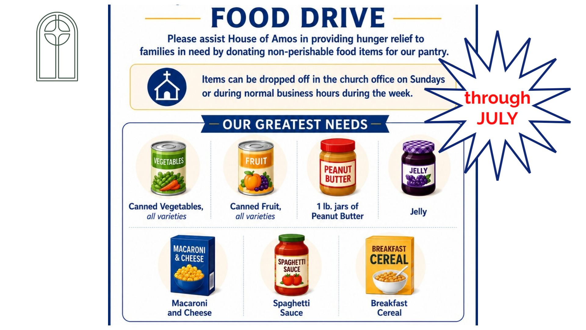 House of Amos Food Drive July 2026 Sunday Announce SLIDE