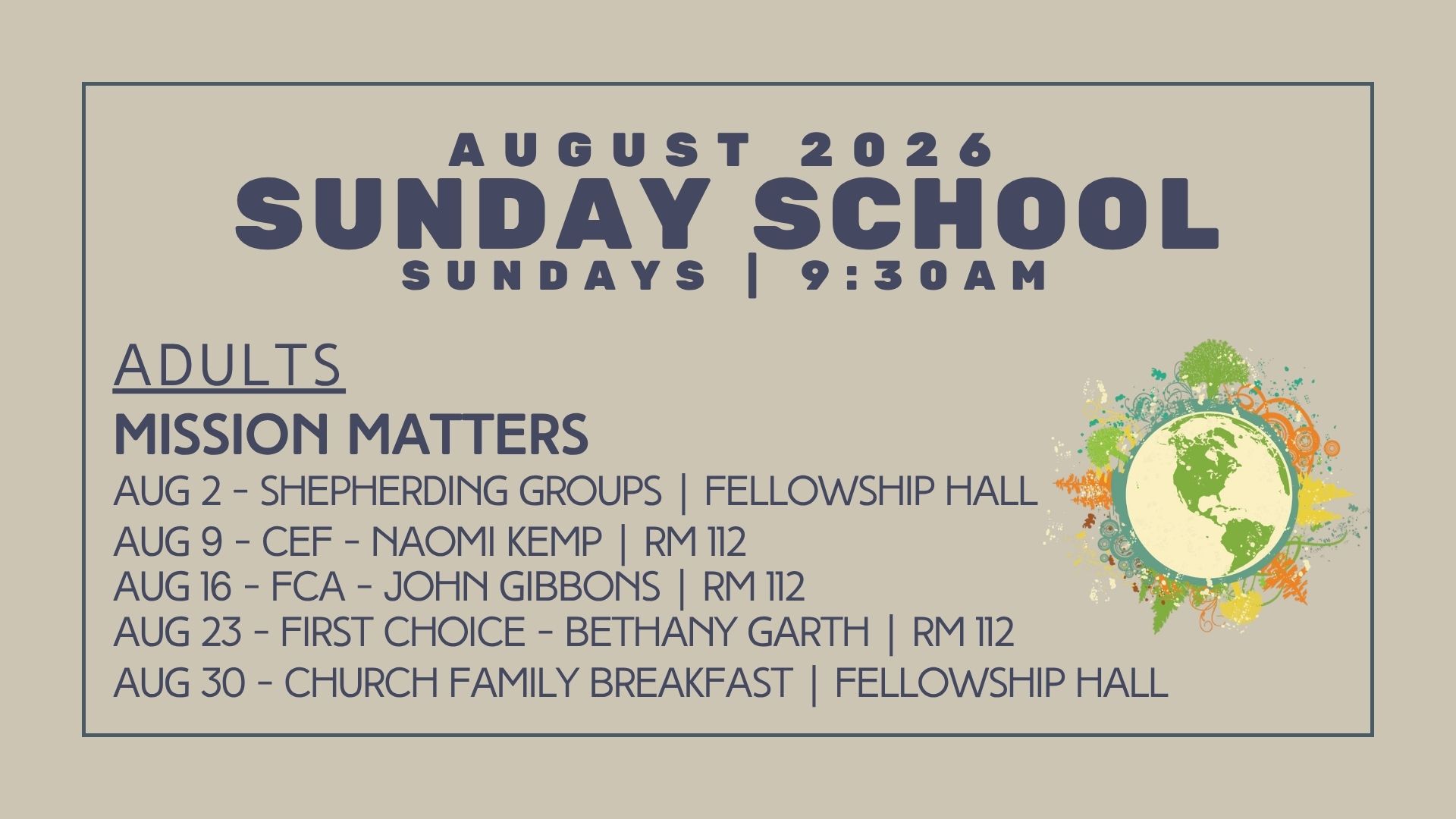 Sunday School 2026 AUGUST Adults